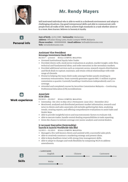 Kenanga Assistant Vice President Resume Sample