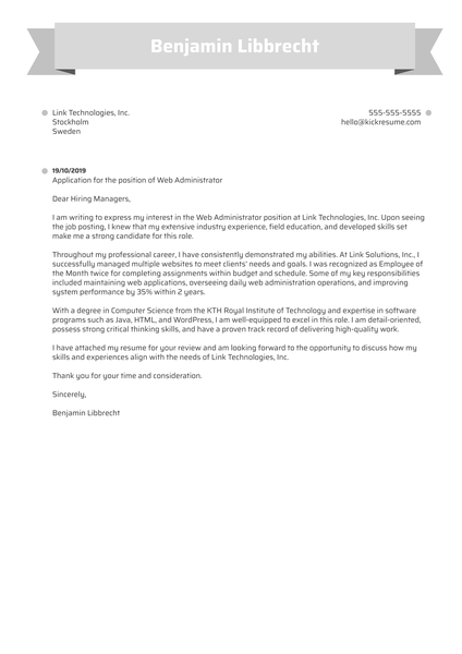 Web Administrator Cover Letter Example