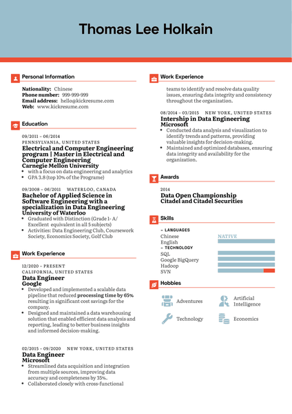 Data Engineer Resume Sample