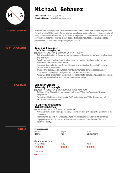 Original Back-end Developer Resume Sample