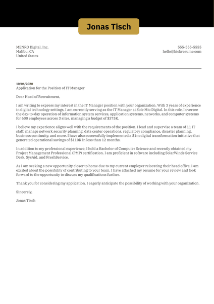 IT Manager Cover Letter Example