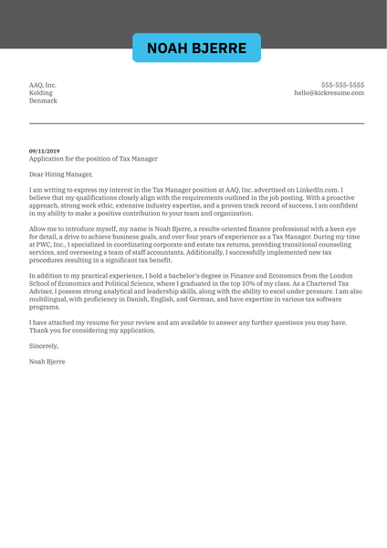 Tax Manager Cover Letter Example