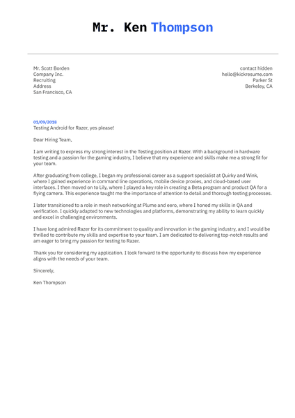 QA Engineer Cover Letter Example