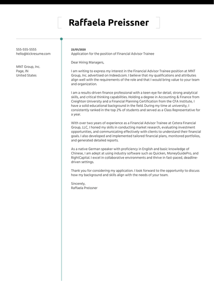 Financial Advisor Trainee Cover Letter Sample