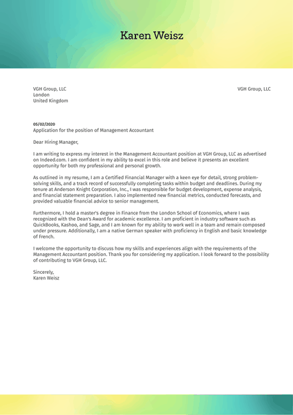 Management Accountant Cover Letter Sample