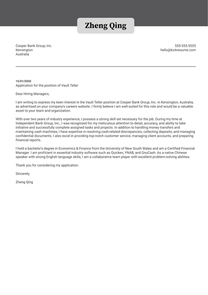 Vault Teller Cover Letter Example