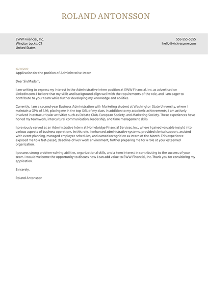 Administrative Intern Cover Letter Example