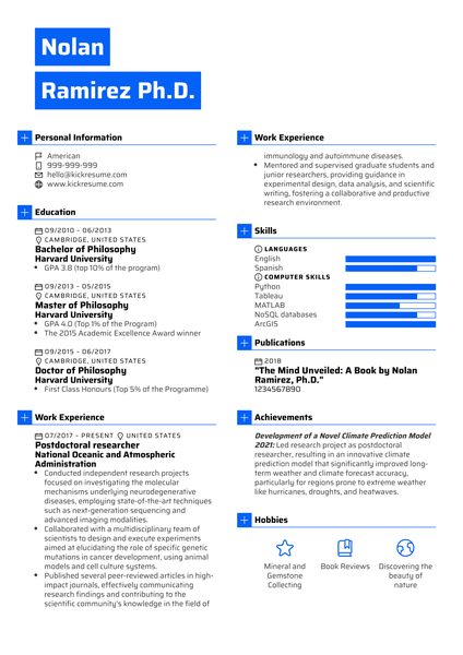 Postdoctoral Researcher Resume Sample