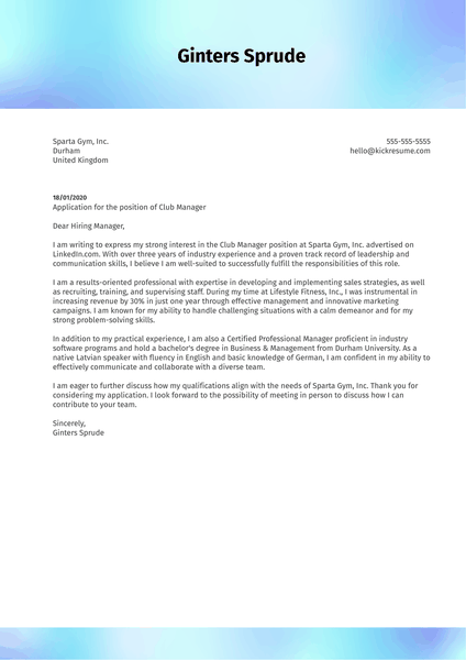 Club Manager Cover Letter Example