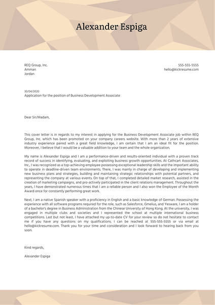 Business Development Associate Cover Letter Sample
