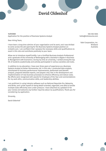 Business System Analyst Cover Letter Sample
