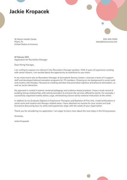 Recreation Manager Cover Letter Template