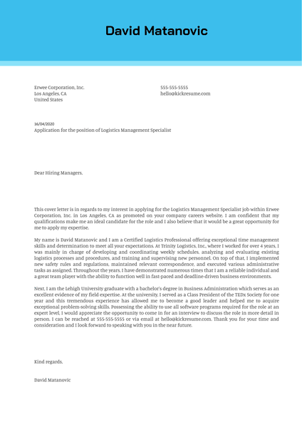 Logistics Management Specialist Cover Letter Sample