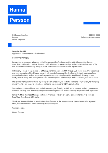 Management Professional Cover Letter Example