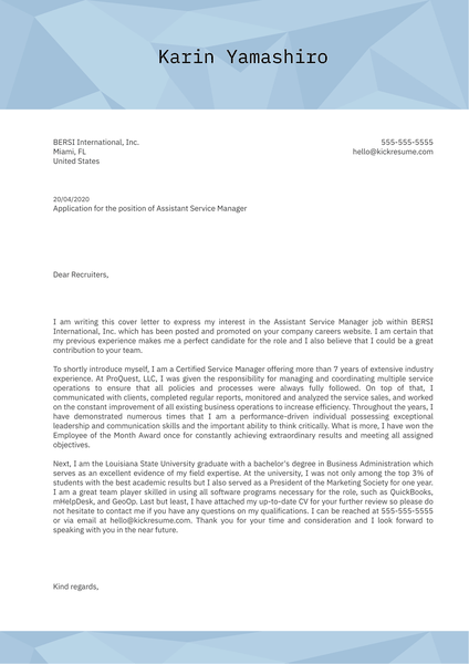 Assistant Service Manager Cover Letter Example
