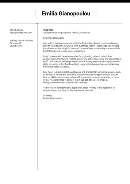 Patient Coordinator Cover Letter Example