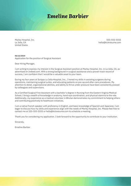 Surgical Assistant Cover Letter Sample