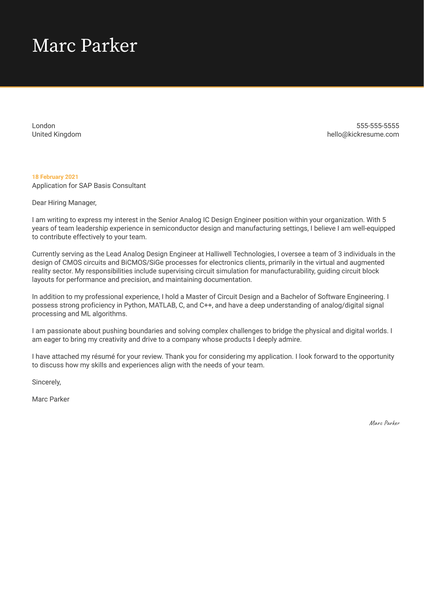 Senior Analog IC Design Engineer Cover Letter Template