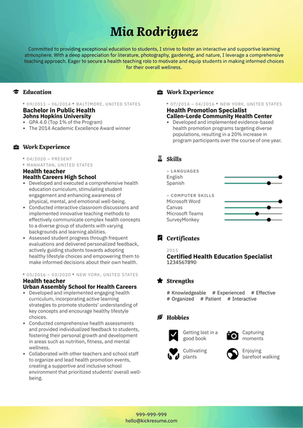 Health teacher Resume Sample