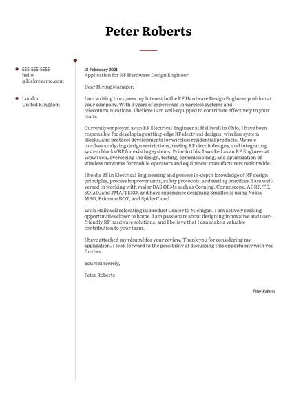 RF Hardware Design Engineer Cover Letter Sample