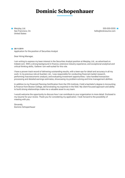 Securities Analyst Cover Letter Example
