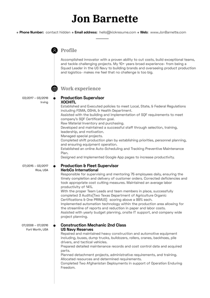 Production Manager Resume Example