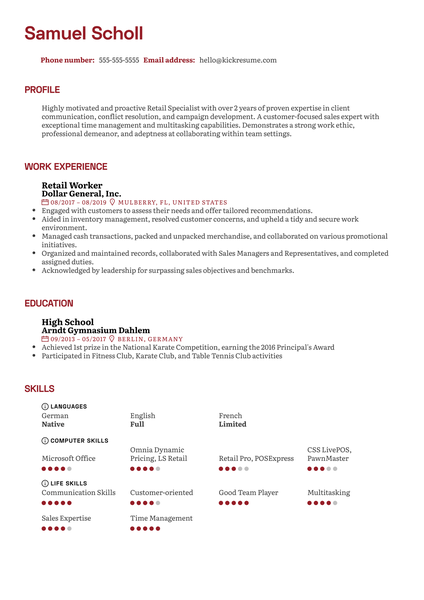 Retail Worker Resume Example