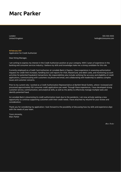 Credit Authorizer Cover Letter Example