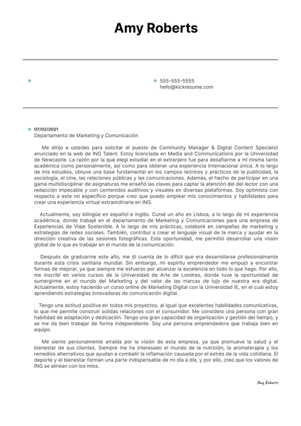 Analyst at ING Cover Letter Sample [ES]