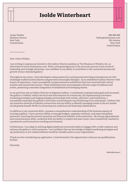 Gallery Director Cover Letter Sample