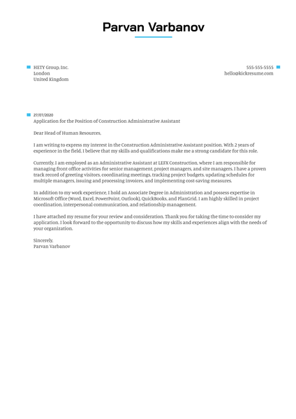Construction Administrative Assistant Cover Letter Example