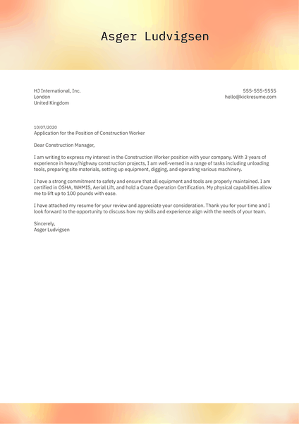 Free Construction Cover Letter Example