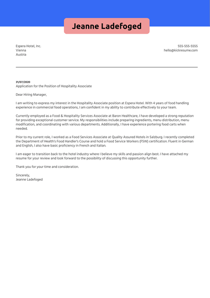 Hospitality Associate Cover Letter Example