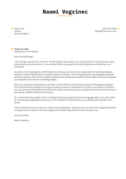 HR Cover Letter Sample