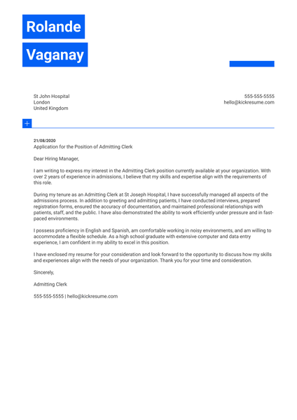 Admitting Clerk Cover Letter Sample