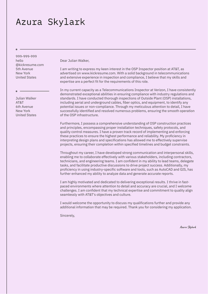 OSP Inspector Cover Letter Sample