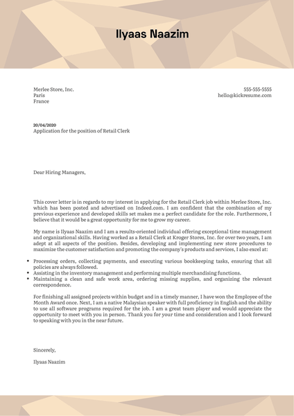 Retail Clerk Cover Letter Sample