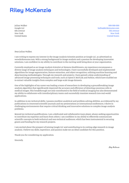 Image Analysis Scientist Cover Letter Sample