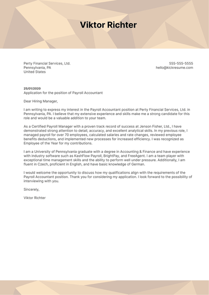 Payroll Accountant Cover Letter Sample