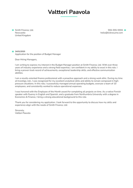 Budget Manager Cover Letter Example