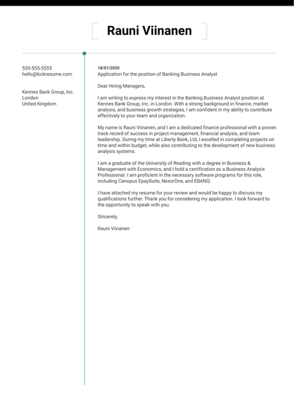 Banking Business Analyst Cover Letter Sample