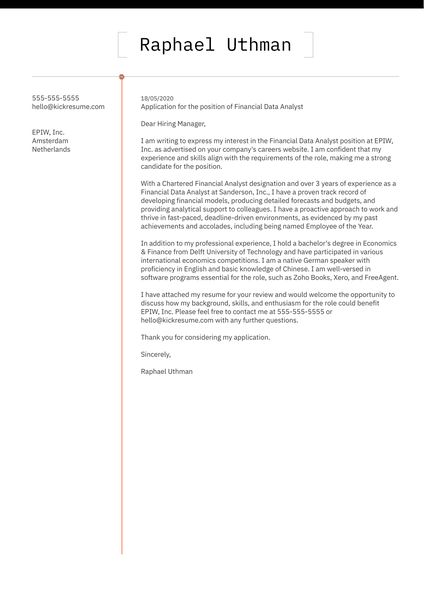 Financial Data Analyst Cover Letter Sample