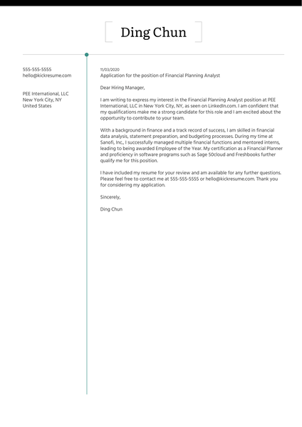 Financial Planning Analyst Cover Letter Example