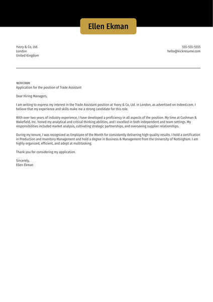 Trade Assistant Cover Letter Sample