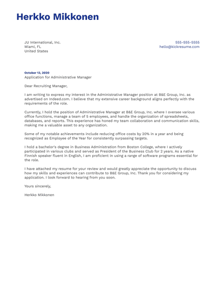 Administrative Manager Cover Letter Example