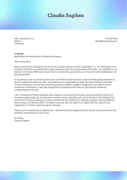 Financial Secretary Cover Letter Example