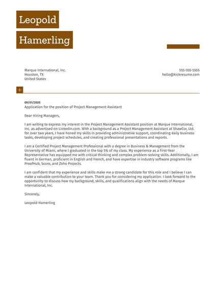 Project Management Assistant Cover Letter Sample