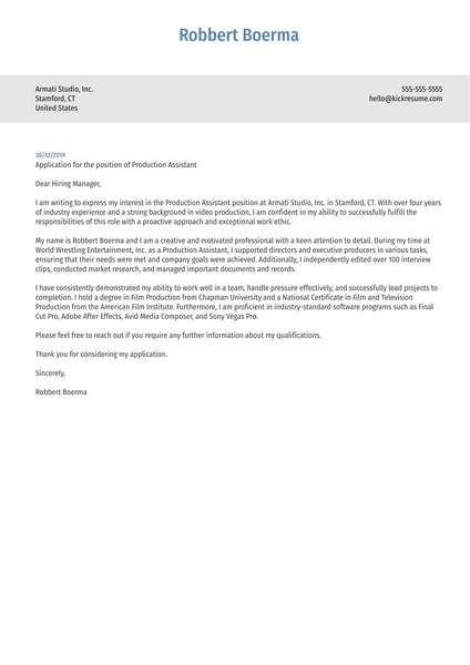 Production Assistant Cover Letter Example