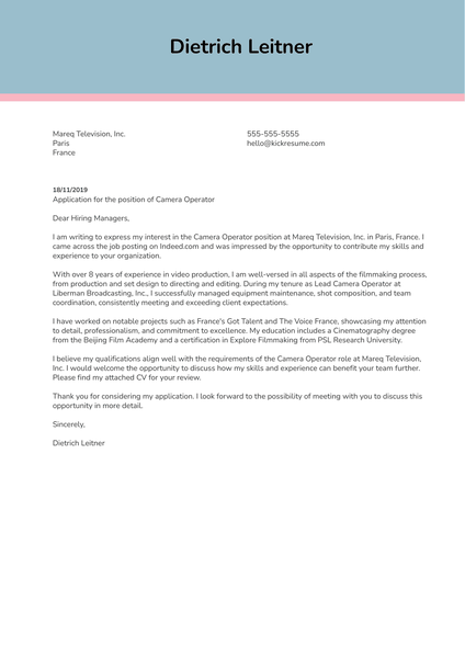 Camera Operator Cover Letter Sample