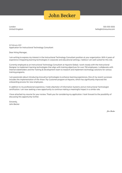 Instructional Technology Consultant Cover Letter Sample